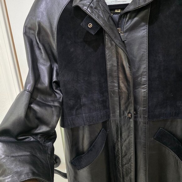 The Old Mill Black Leather Long Jacket XS 100% Leather Vintage Trench Coat Suede - Picture 4 of 11